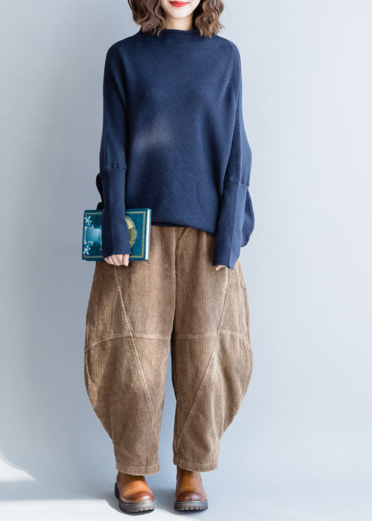 Navy Stand Collar Chunky Oversized Knit Sweaters Batwing Sleeve