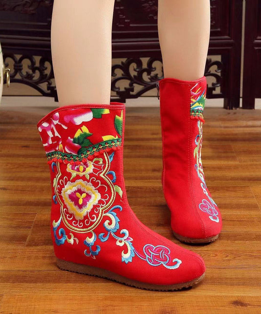 Handmade Comfy Red Embroidery Wedge Boots