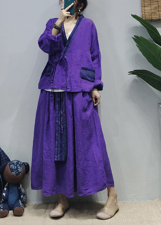 Chinese Style Purple Tie Waist Patchwork Linen Shirt Top a Line Skirt Two Piece Suit Set Long Sleeve
