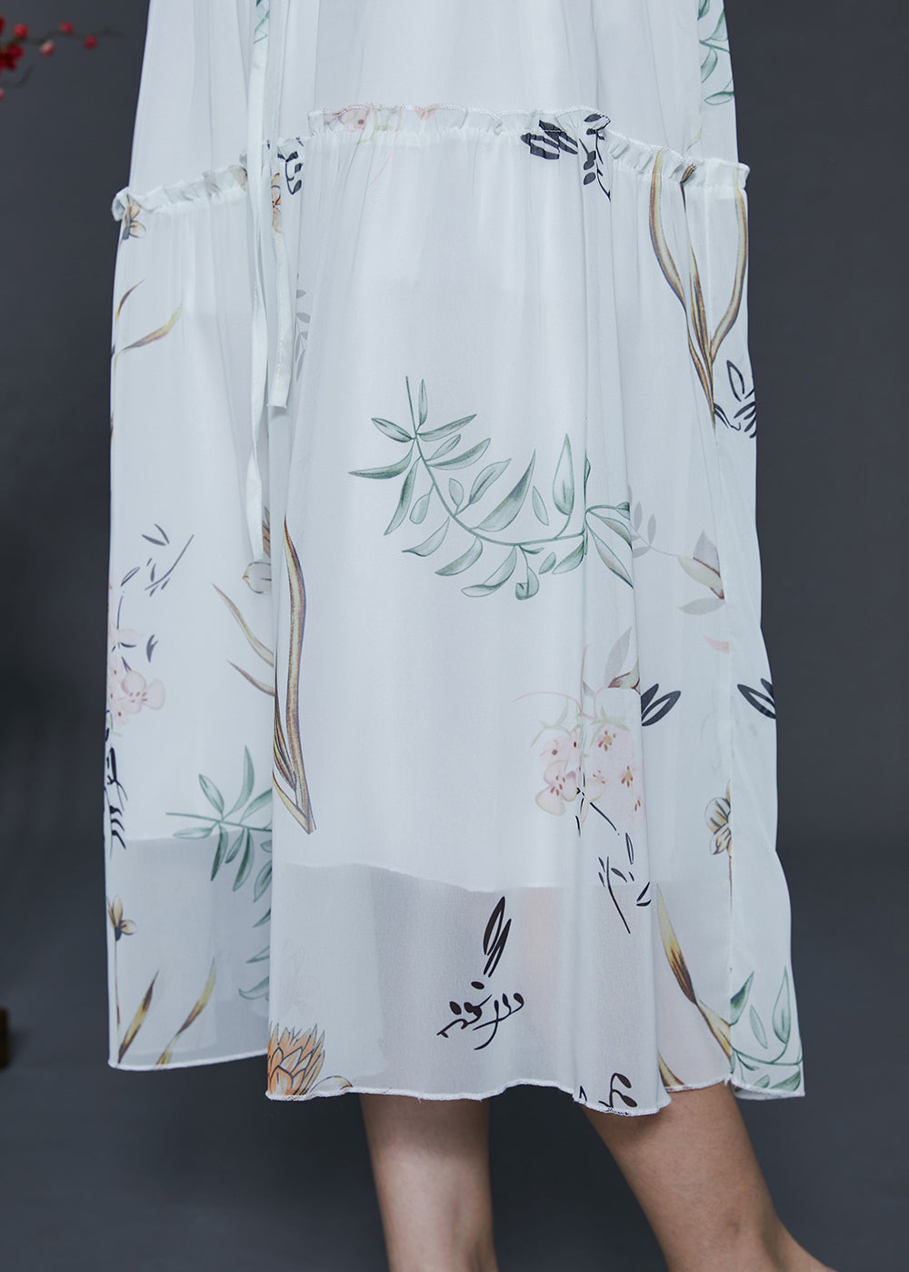 White Ruffled Print Chiffon Cinched Dresses Summer