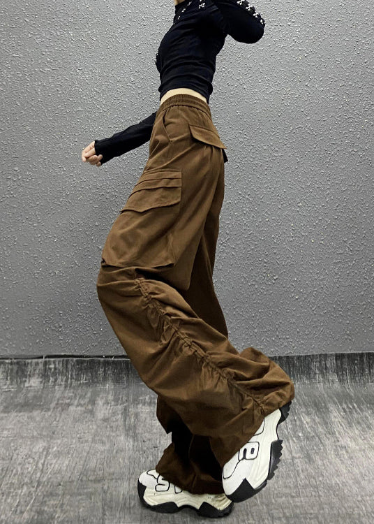 Coffee Pocket Cinched Elastic Waist Pants Autumn