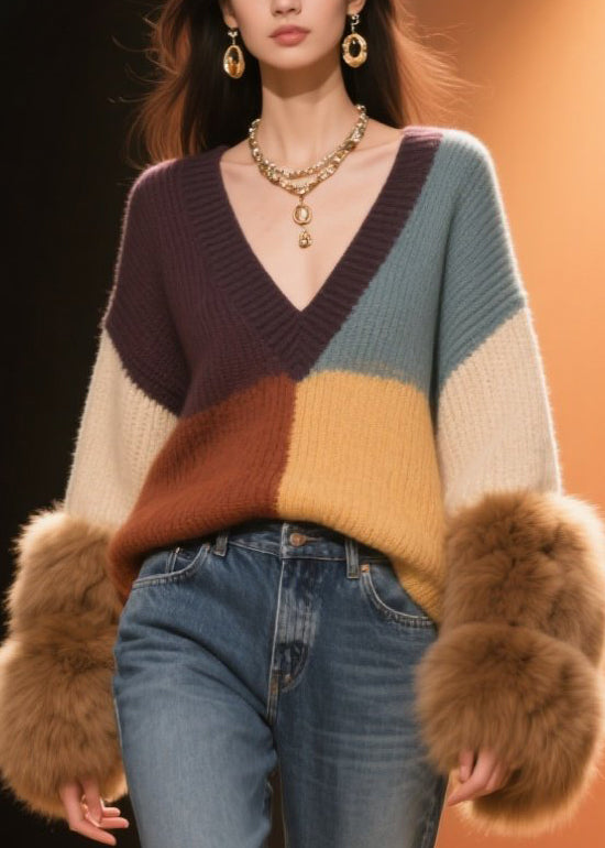 Colorblock V Neck Fuzzy Fur Fluffy Patchwork Knit Sweaters Fall