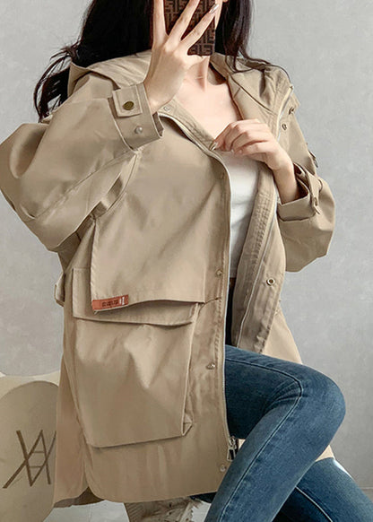 Unique Khaki Zippered Patchwork Pockets Hooded Trench Coats Long Sleeve