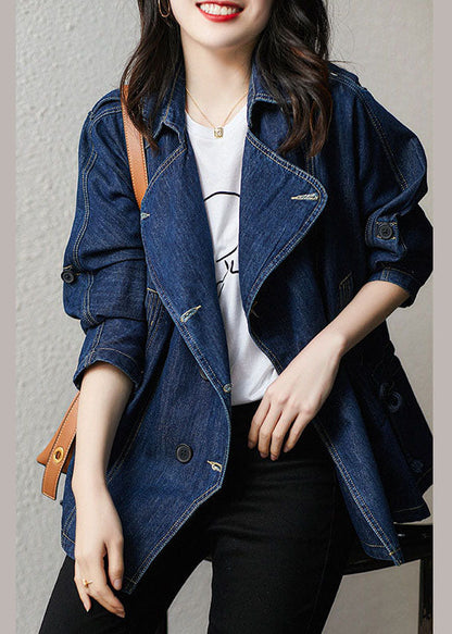 Blue Peter Pan Collar Pockets Drawstring Patchwork Denim Coat Fall