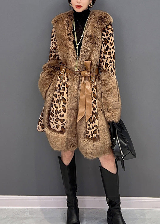 Leopard Fur Collar Print Patchwork Button Tie Waist Mink Velvet Leather and Fur Thick Coats Winter