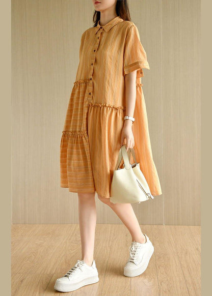 Style Orange Striped Button Asymmetrical Design Ruffled Summer Vacation Dress