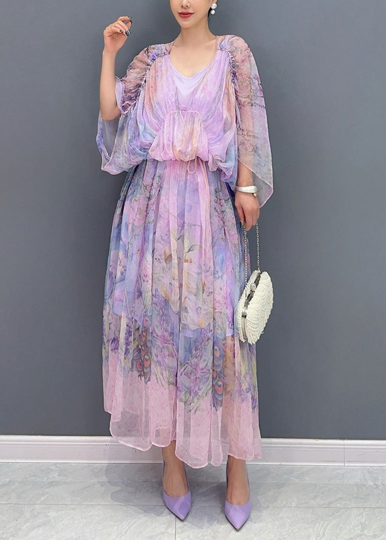 Lavender U Neck Print Patchwork Long Dresses Summer