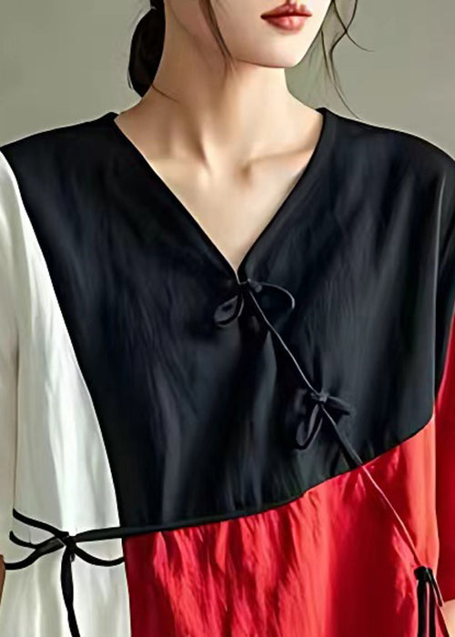 Black V Neck Button Cotton Blouse Summer