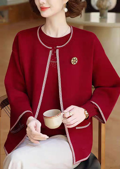 Red O-neck Cotton Knit Coats and Sweater Two Pieces Set Three Quarter Sleeve