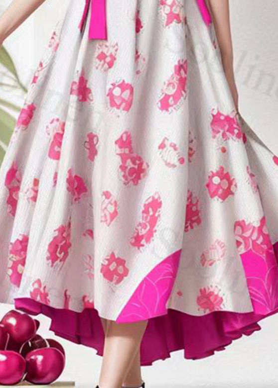 Beige Stand Collar Bow Ruffled Print Tie Waist Silk Long Dresses Summer