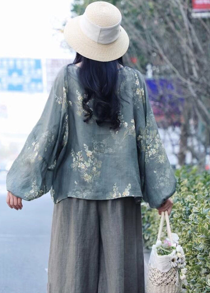 Grey Loose Linen Shirt Tops O-neck Batwing Sleeve
