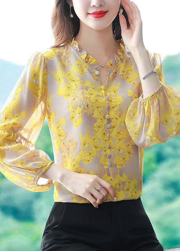 Yellow V Neck Print Chiffon Top Lantern Sleeve