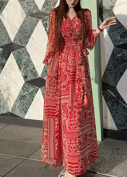 Red Print Tie Waist Vacation Long Dresses Spring
