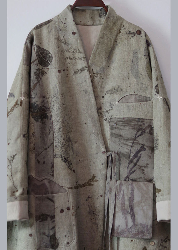 Dark Gray V Neck Lace Up Patchwork Cotton Long Trench Coats Fall