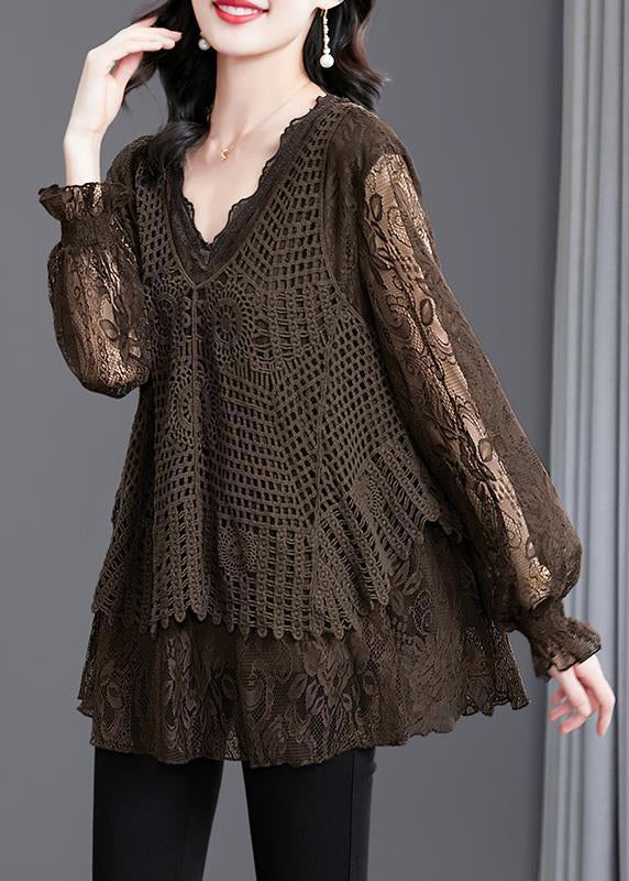 Coffee Ruffled Hollow Out Patchwork Knit Shirt Tops Fall