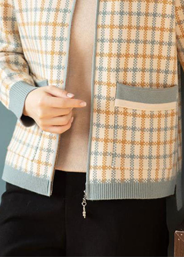 Blue O-neck Zip Up Pockets Plaid Knit Jackets Fall