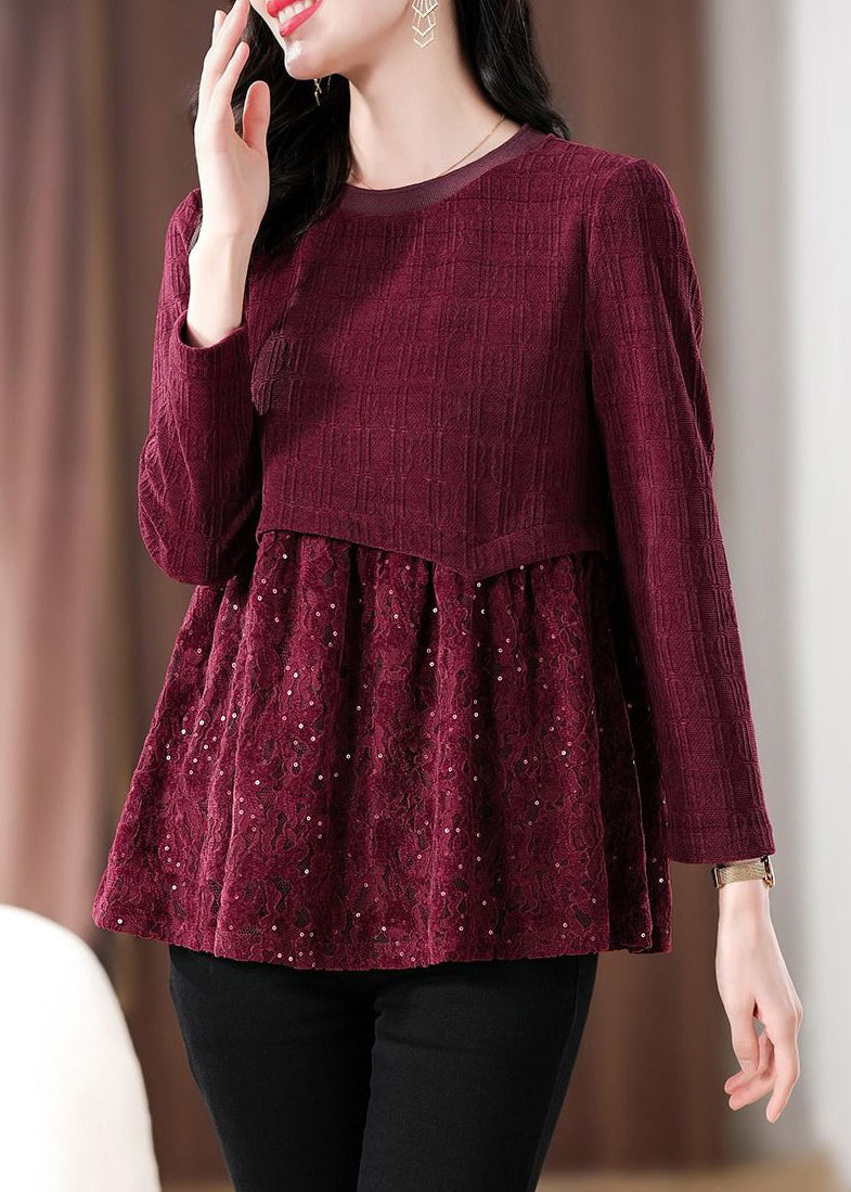 Wine Red Lace Patchwork Knit Top Long Sleeve