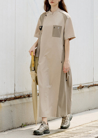 Khaki Stand Collar Pockets Patchwork Cotton Dress Summer