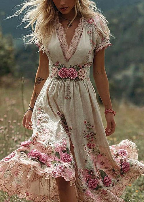 Beige High Waist Patchwork Cotton Long Dress V Neck Summer