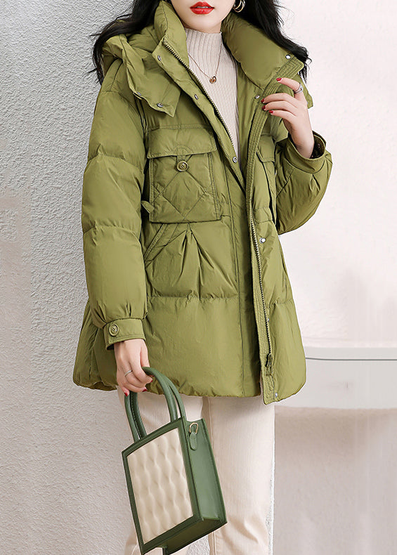 Green Hooded Pockets Patchwork Duck Down Down Coat Winter