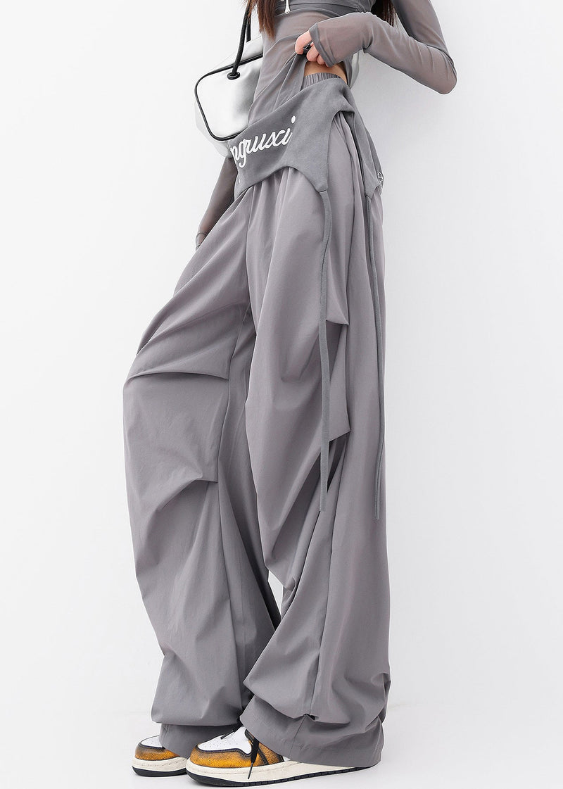 Grey Pockets Wrinkled Cotton Wide Leg Pants Fall