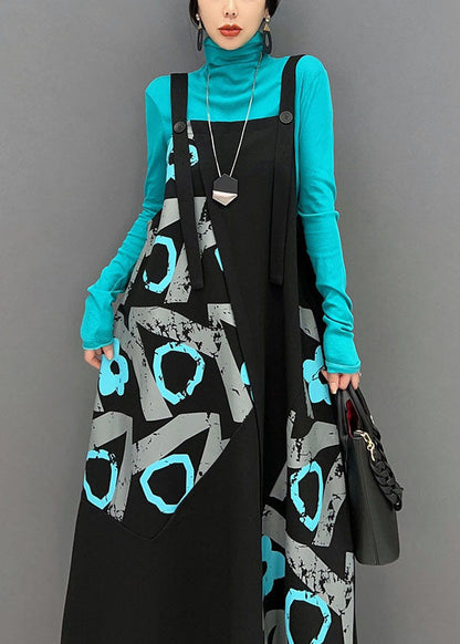 Black Asymmetrical Design Patchwork Print Cotton Strap Dress Spring