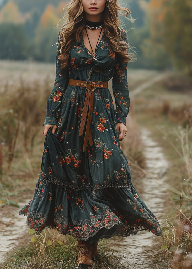 Green V Neck Print Patchwork Cotton Maxi Dresses Spring