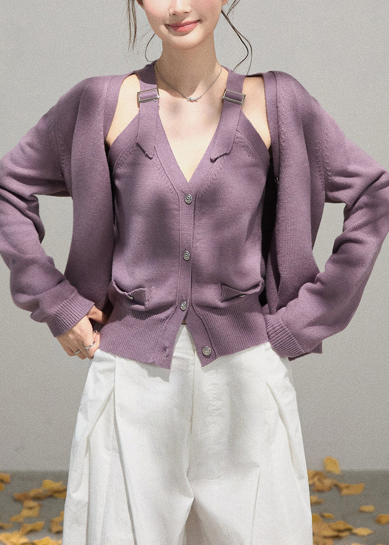 Simple Purple Knit Two Piece Set Clothing Fall