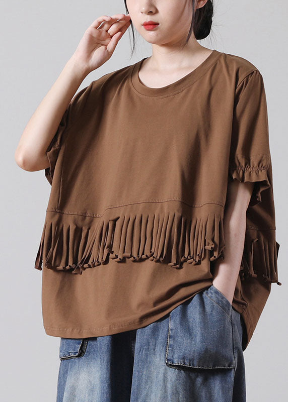 Chocolate Patchwork Cotton Tank Tops O-neck Tassel Short Sleeve