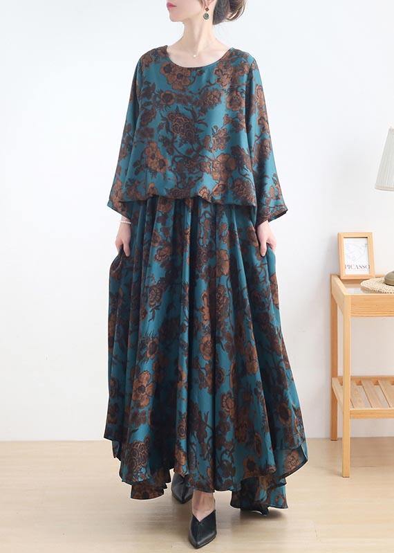 Fine Blue Print Silk Asymmetrical Design Summer Vacation Dresses