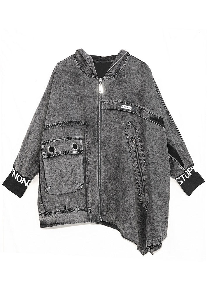 Italian Black Hooded Asymmetrical Design Denim Coat Spring