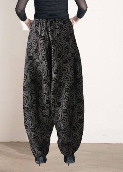 Black Print Elastic Waist Lantern Pants Spring