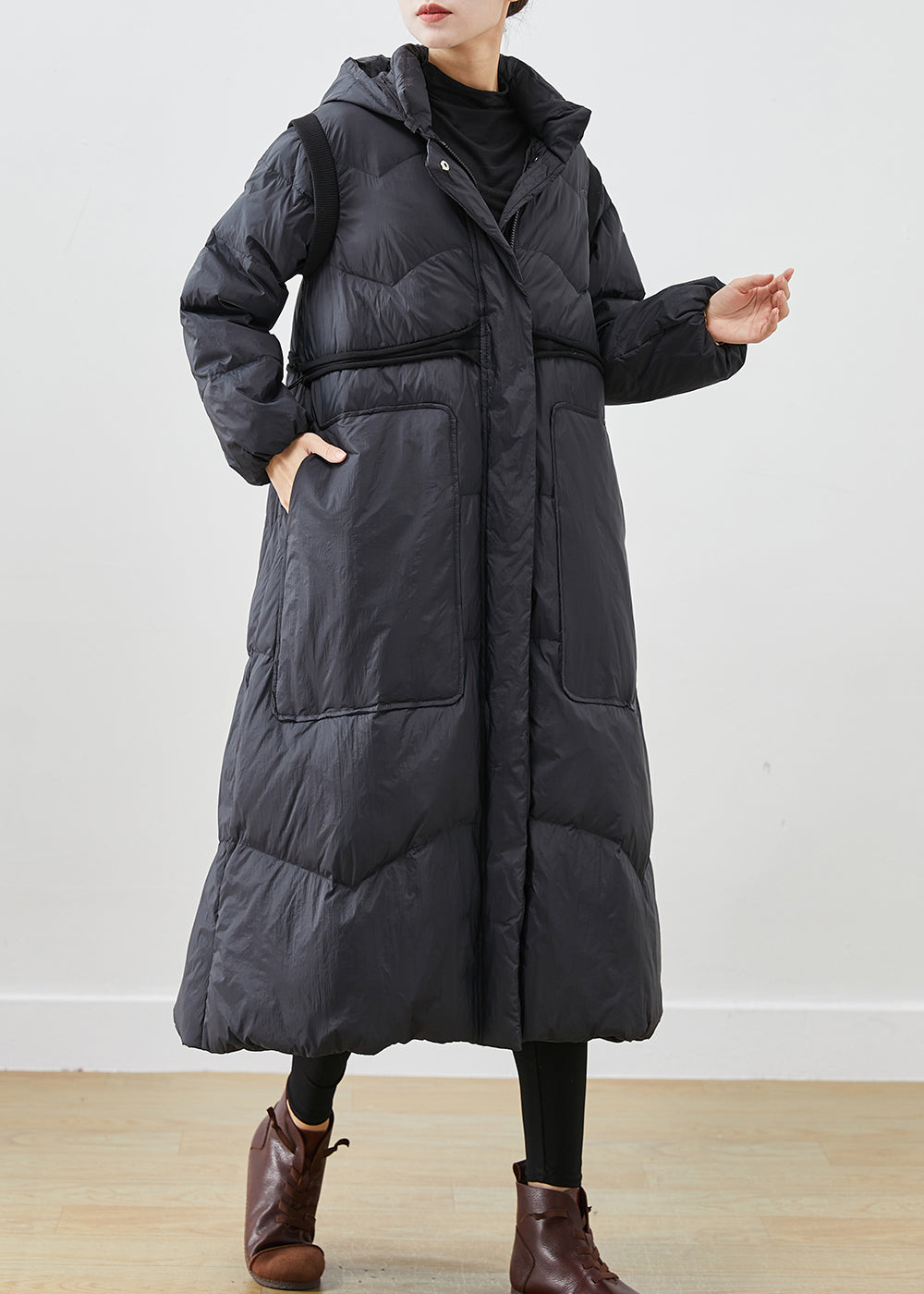 Black Cinched Big Pockets Duck Down Down Coat Winter