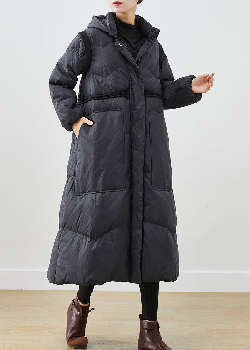 Black Cinched Big Pockets Duck Down Down Coat Winter