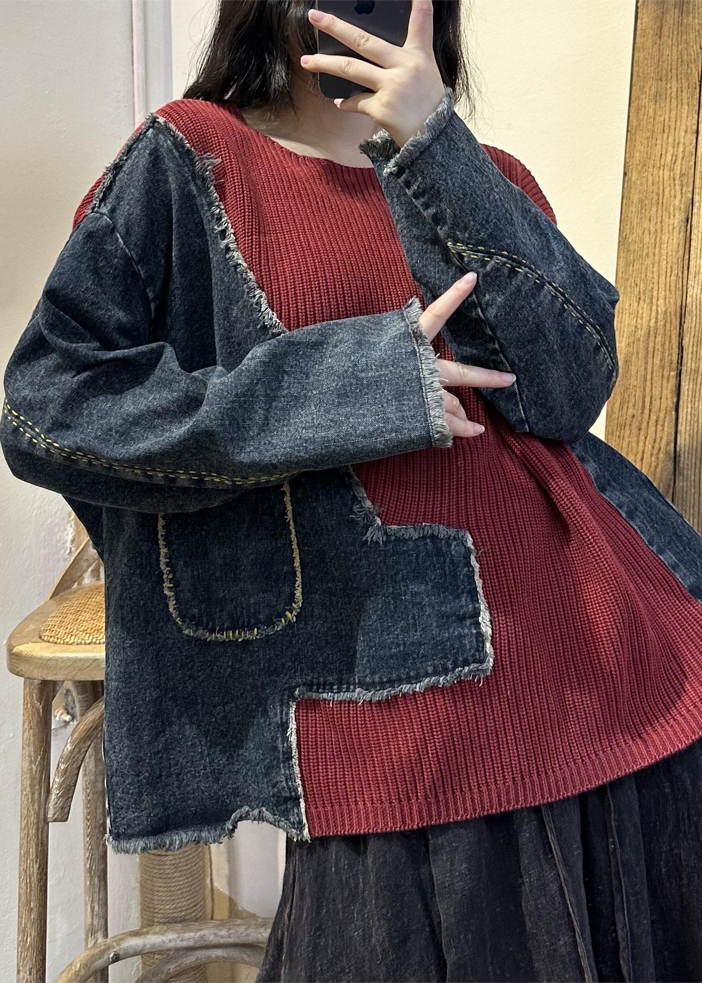 Red Asymmetrical Pockets Knit Patchwork Tops Fall