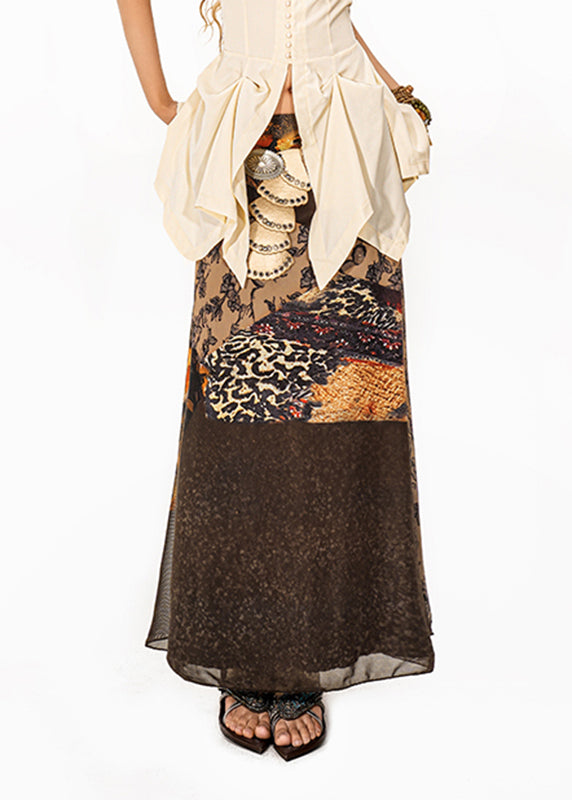 Fine Coffee Print High Waist Tulle a Line Skirt Summer