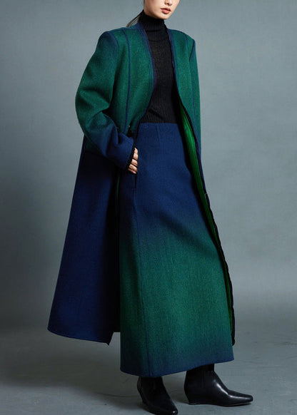 Boutique Blue Green Gradient V Neck Button Woolen Coats Winter
