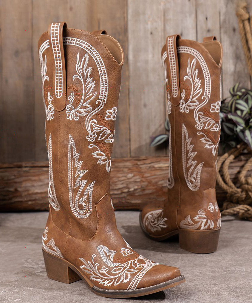 Brown Embossed Faux Leather Chunky Chunky Boots