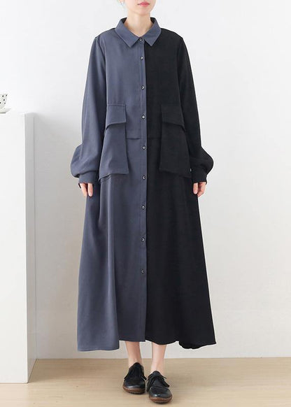 Black Patchwork Blue Button Chiffon Spring Dress