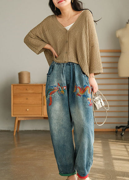 Unique Blue Pockets Embroideried Harem Fall Denim Pants