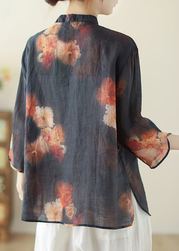 Black Mandarin Collar Print Linen Tops Spring