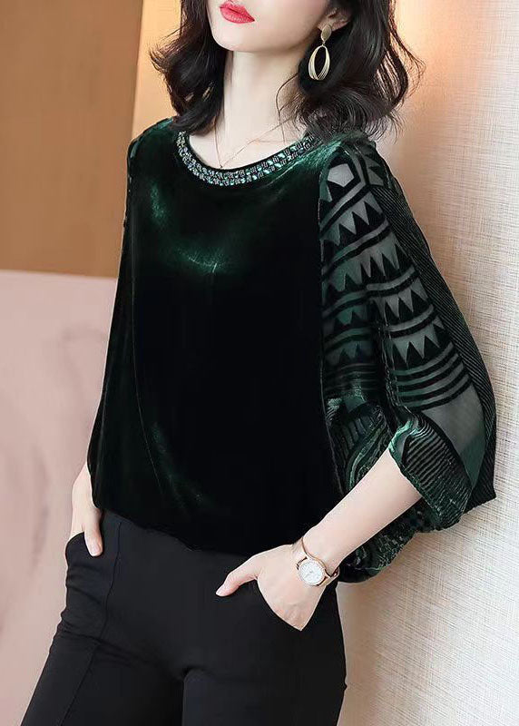 Blackish Green Zircon Patchwork Silk Velour Top Batwing Sleeve