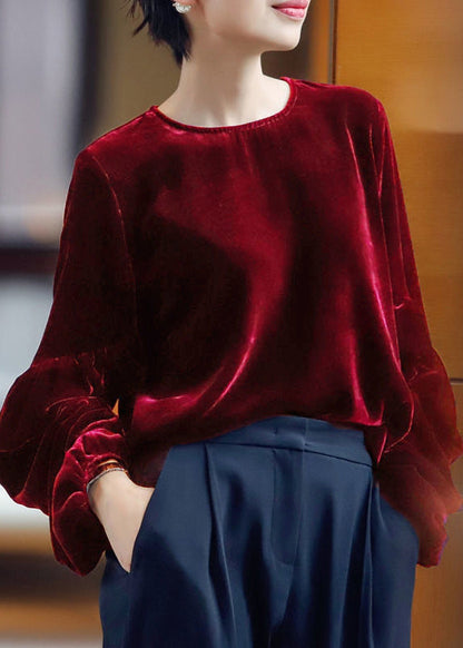 Purple O Neck Silk Velour Tops Spring