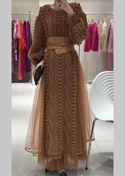 Brown O-neck Tie Waist Tulle Patchwork Knit Long Dress Fall