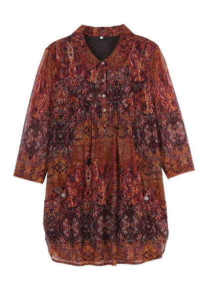 Brown Peter Pan Collar Print Button Silk Shirt Top Bracelet Sleeve