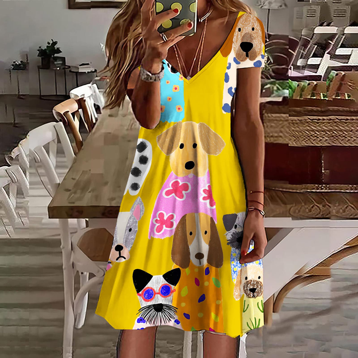 Comstylish Women's Colorful Cute Dogs Casual Midi Dress