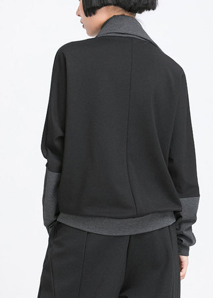 Organic Black Asymmetrical Design Zippered Pockets Patchwork Fall Top Long Sleeve