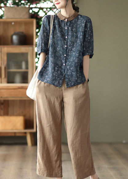 Navy Peter Pan Collar Print Linen Shirts Half Sleeve
