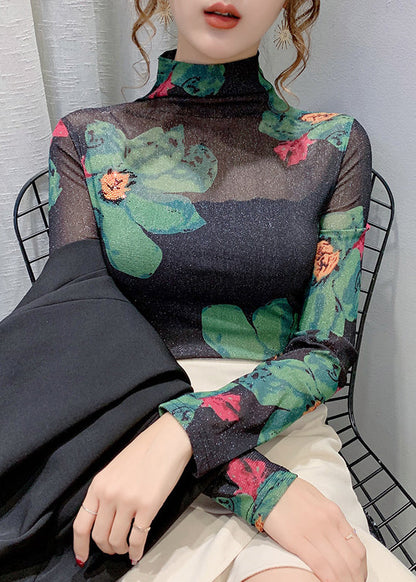 Green Turtleneck Print Lace Tulle Warm Fleece Thick Tops Bottoming Shirt