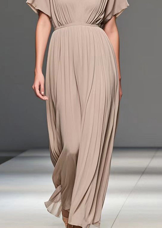 Apricot V Neck Wrinkled Chiffon Long Dress Summer